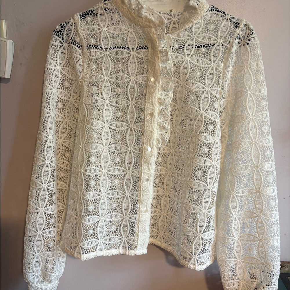 Women's Cream Lace Button-Up Blouse